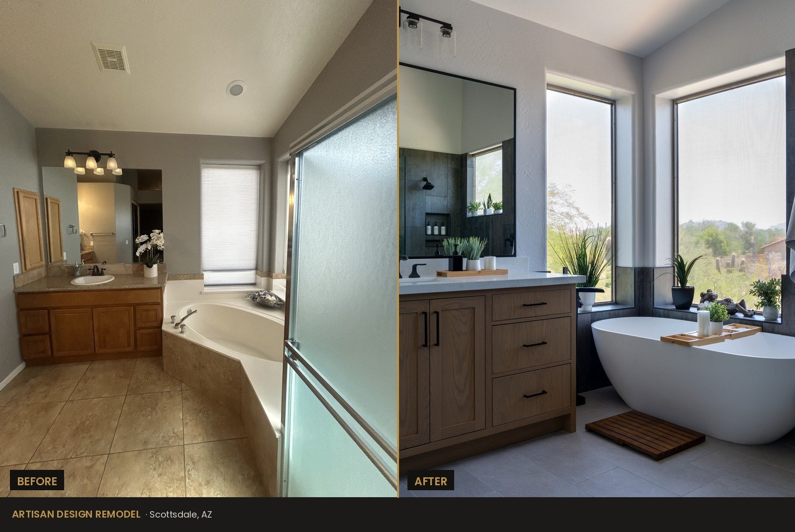 Before and after of the Scottsdale primary bath vanity and freestanding tub