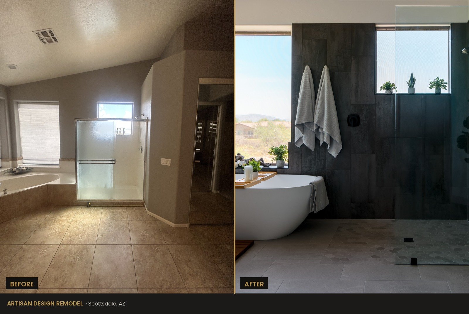 Before and after of the Scottsdale primary bath curbless wet room shower