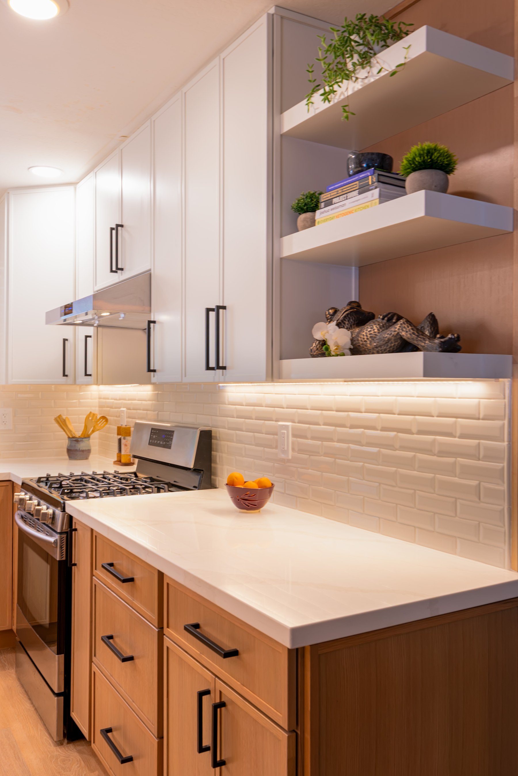 Finished open shelving detail with under-cabinet lighting, Phoenix remodel