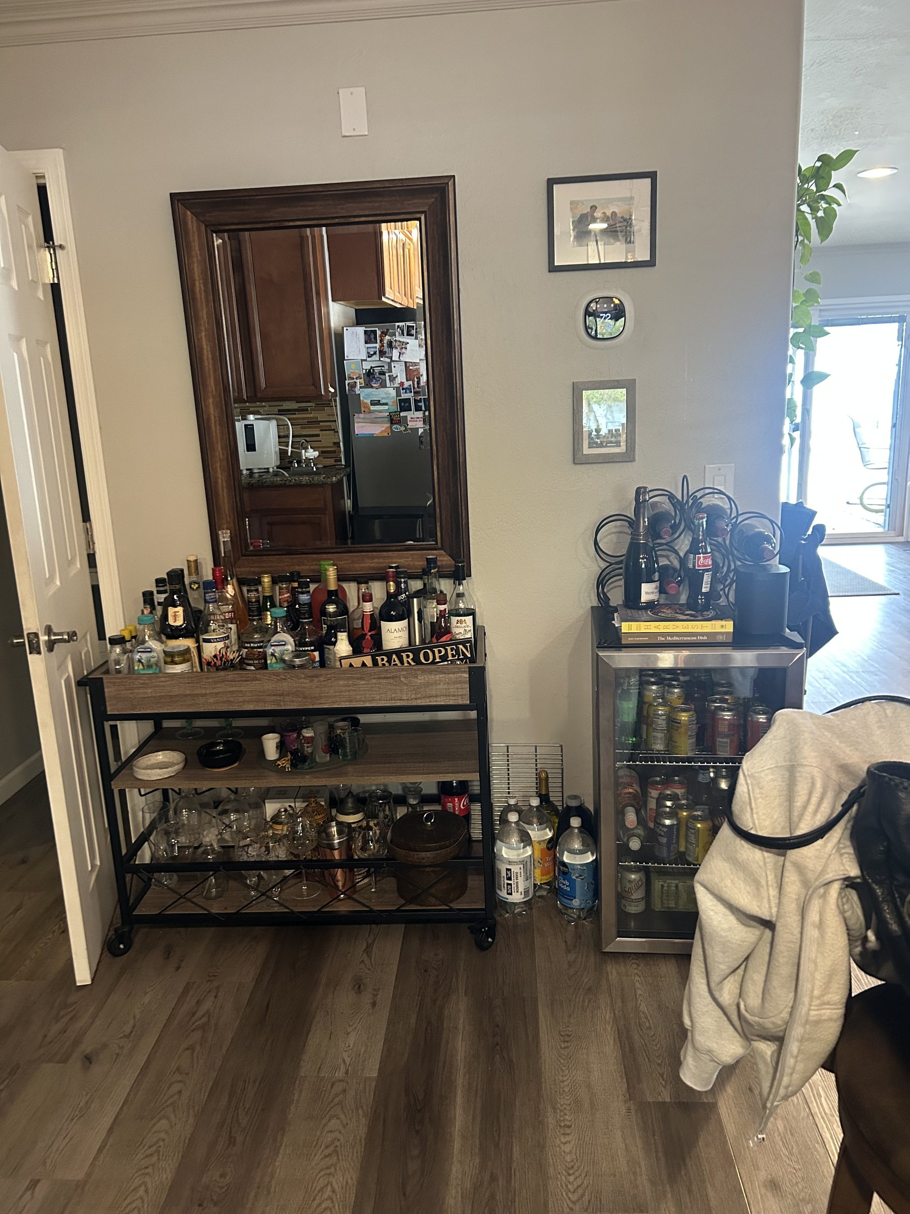 Old portable bar cart setup before the custom dry bar was built, Phoenix remodel